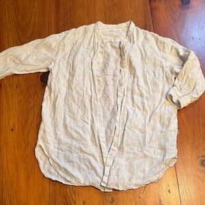MUJI XS Striped Washed Hemp 3/4 Sleeve Tunic Top Button Down Cuff